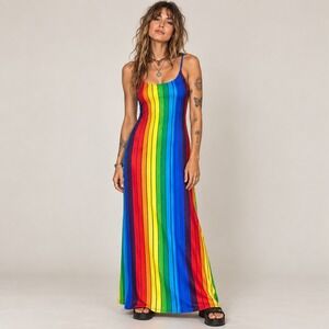 Rouge Collection Rainbow Stripe Maxi Dress Cami Festival Dopamine Rainbowcore